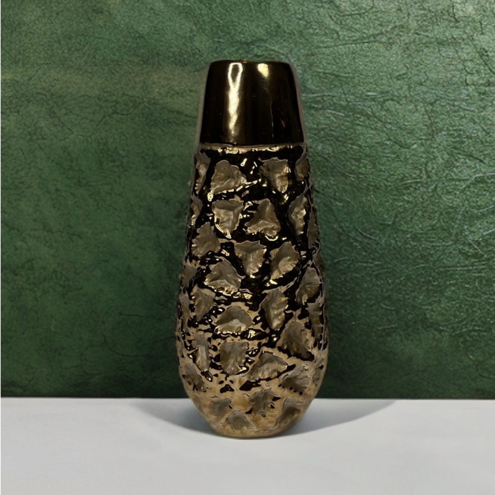 Decorative Urban Trends Gold Ceramic Vase - Embossed Crumpled Design 11”